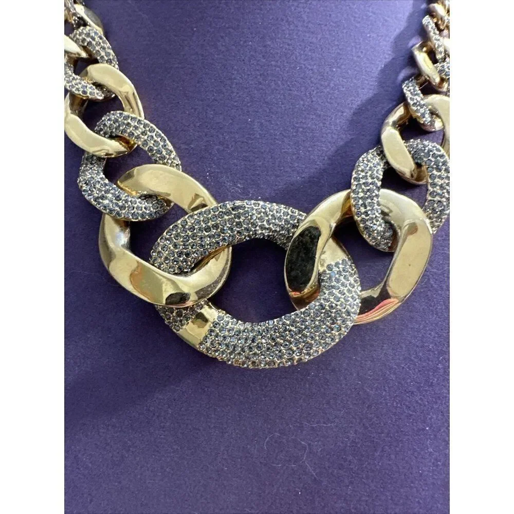 Chunky Goldtone Vintage Necklace Liz Claiborne Crystal Curb Links  CP